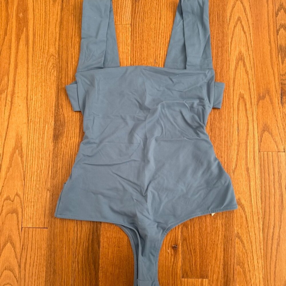 Free People Cutout Bodysuit Blue Grey Square Neck Size M/L
